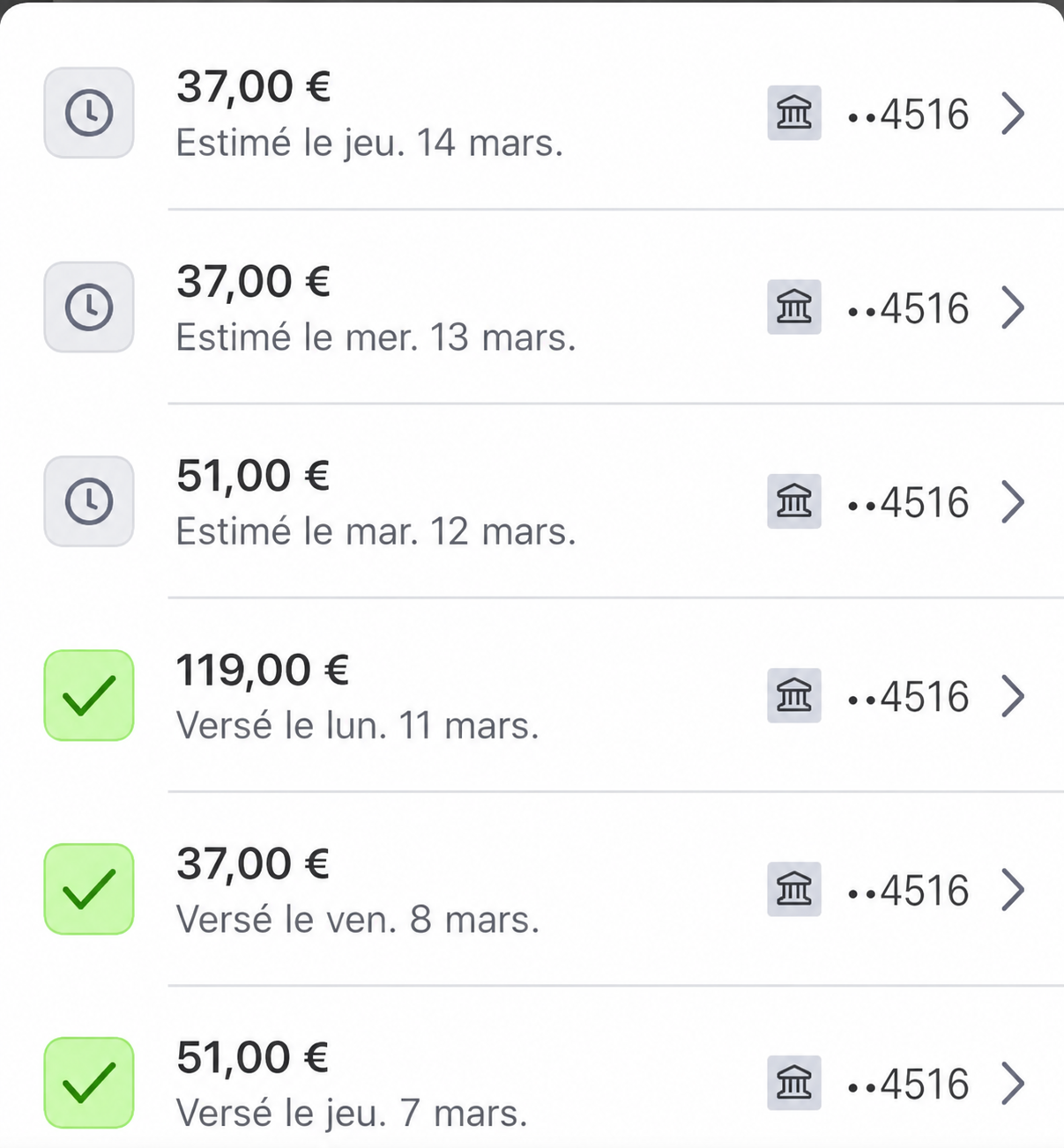 Paiements reçus : versements de 37€, 51€ et 119€